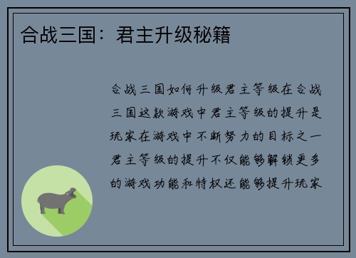 合战三国：君主升级秘籍