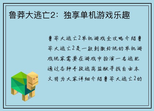 鲁莽大逃亡2：独享单机游戏乐趣